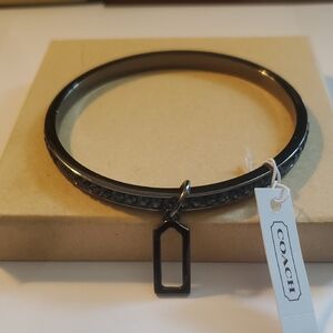 Coach Black Bangle Bracelet with Rectangular Logo Charm